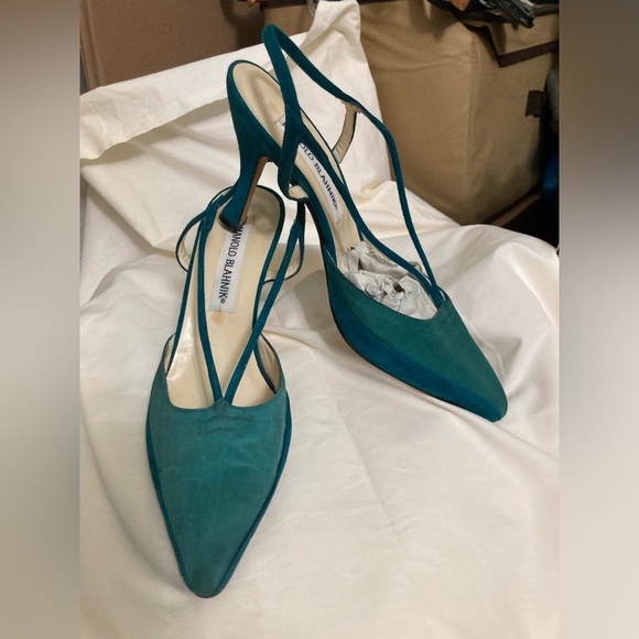 MANOLO BLAHNIK EUC Leather & Silk Slingbacks 6.5 Turquoise - Picture 1 of 6